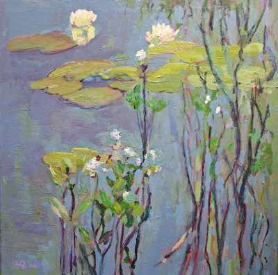 Fiona Power - Bog Bean & Bog Lilies - acrylic on canvas - 38 x 38 cm - €700