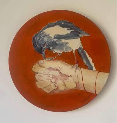 Mary Galvin - One for sorrow - acrylic on wood - 20 cm tondo - €350