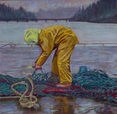 Patricia Bevan - Grey Toil Day in yellow - pastel on card - 43 x 43 cm - €450