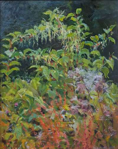 Damaris Lysaght - Pretty but Japanese Knotweed - oil on panel - 25 x 20 cm - €425