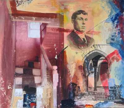 Dick Richards - Echoes - the pink stairs - mixed media on board - 49 x 56 cm - €475