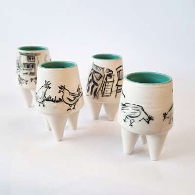 Eve & Brian Lalor - Chicken on Stilts tripods - handpainted stoneware - €75 each